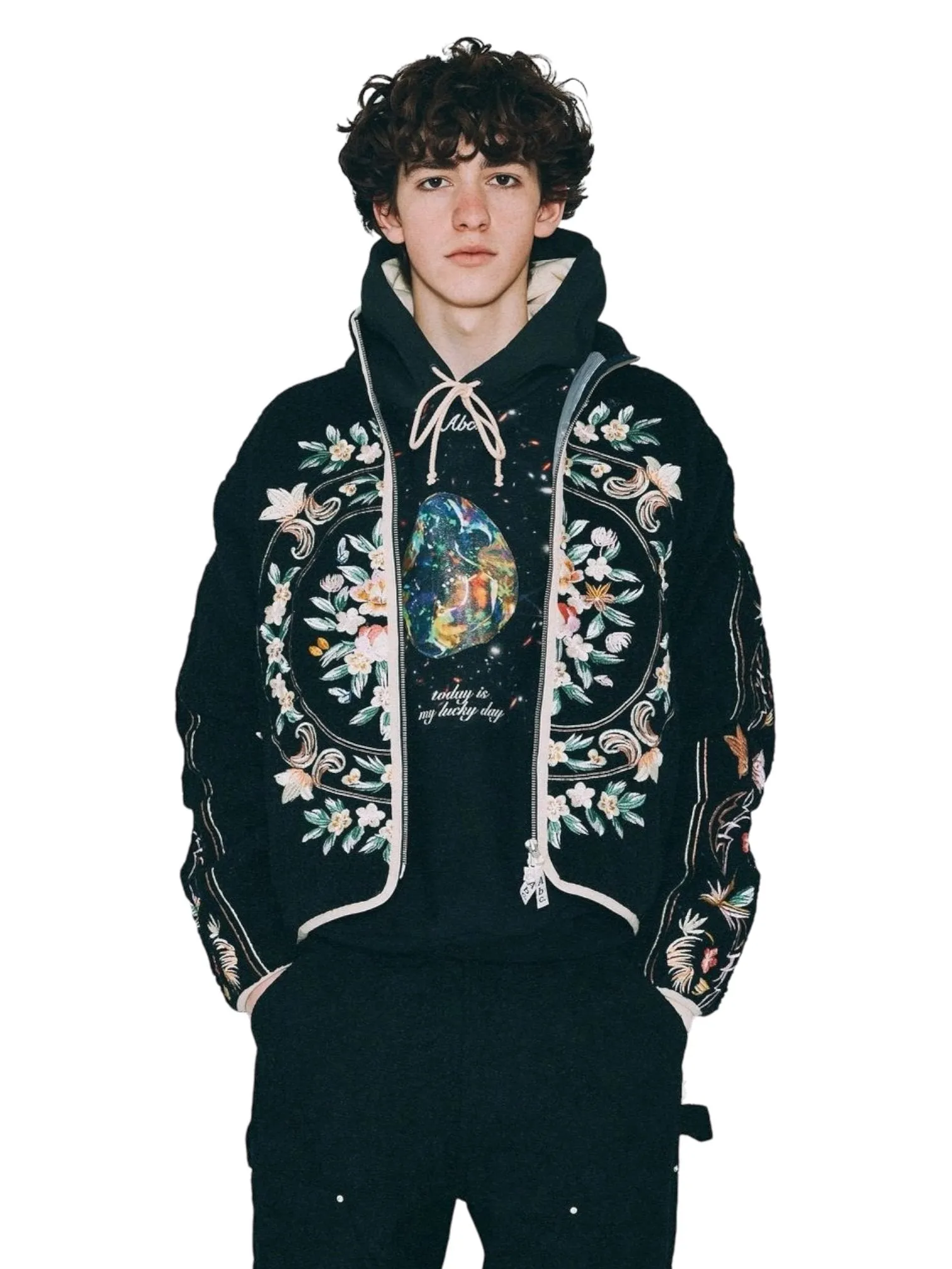 Advisory Board Crystals Floral Fleece Zip-Up Black