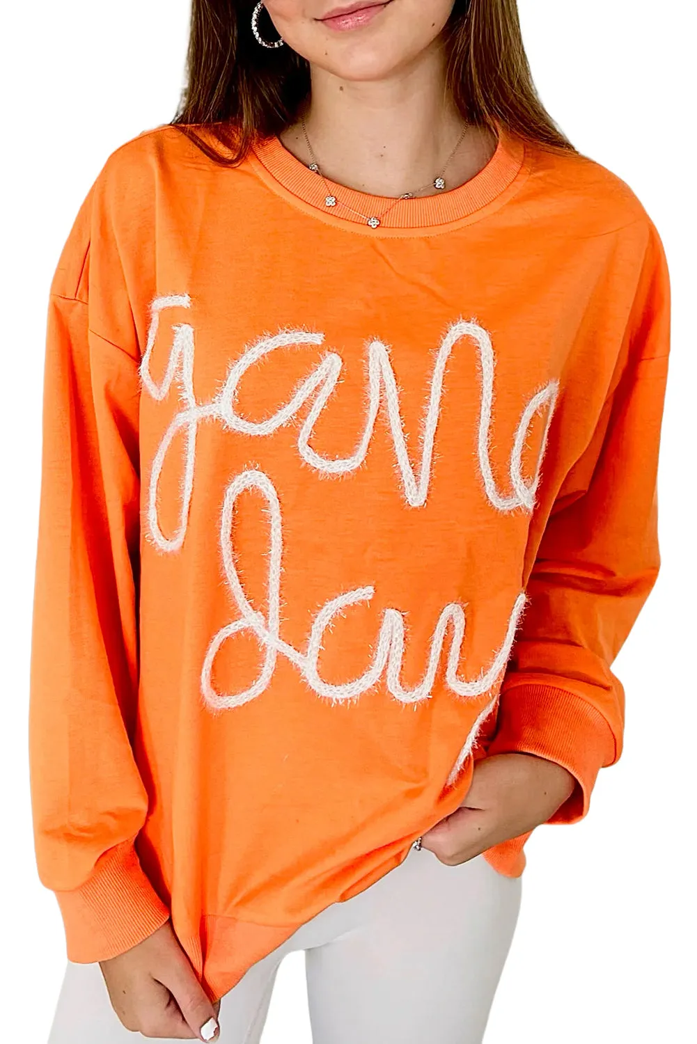 Carrot Contrast Game Day Casual Top with Embroidered Detail