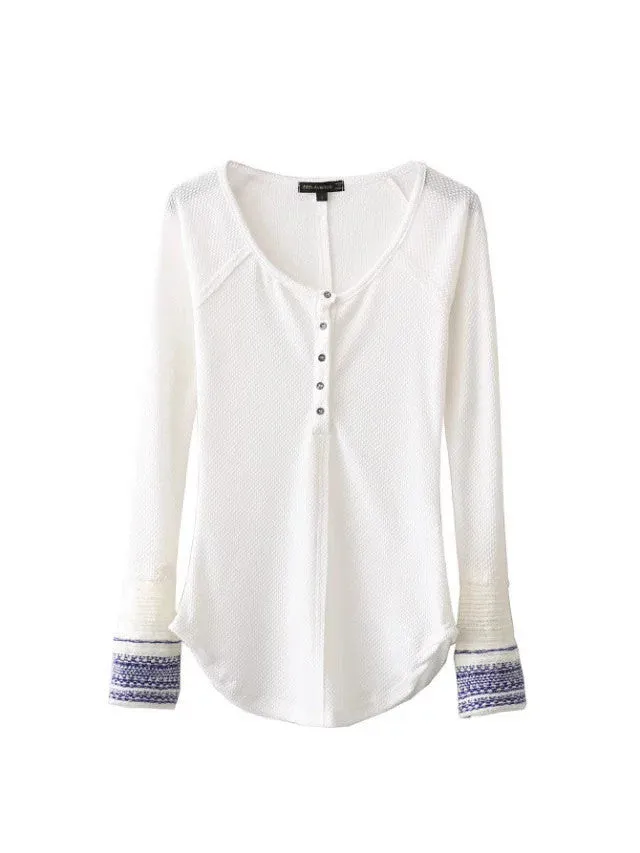 Cuff Decorative Buttons Knit Irregular Slim T-shirts
