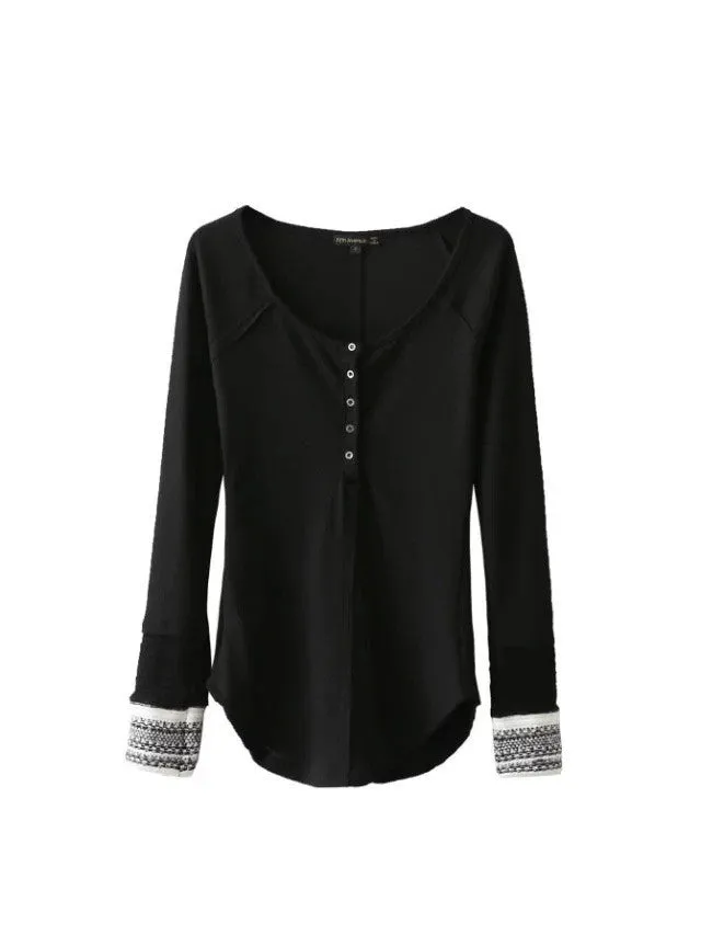Cuff Decorative Buttons Knit Irregular Slim T-shirts