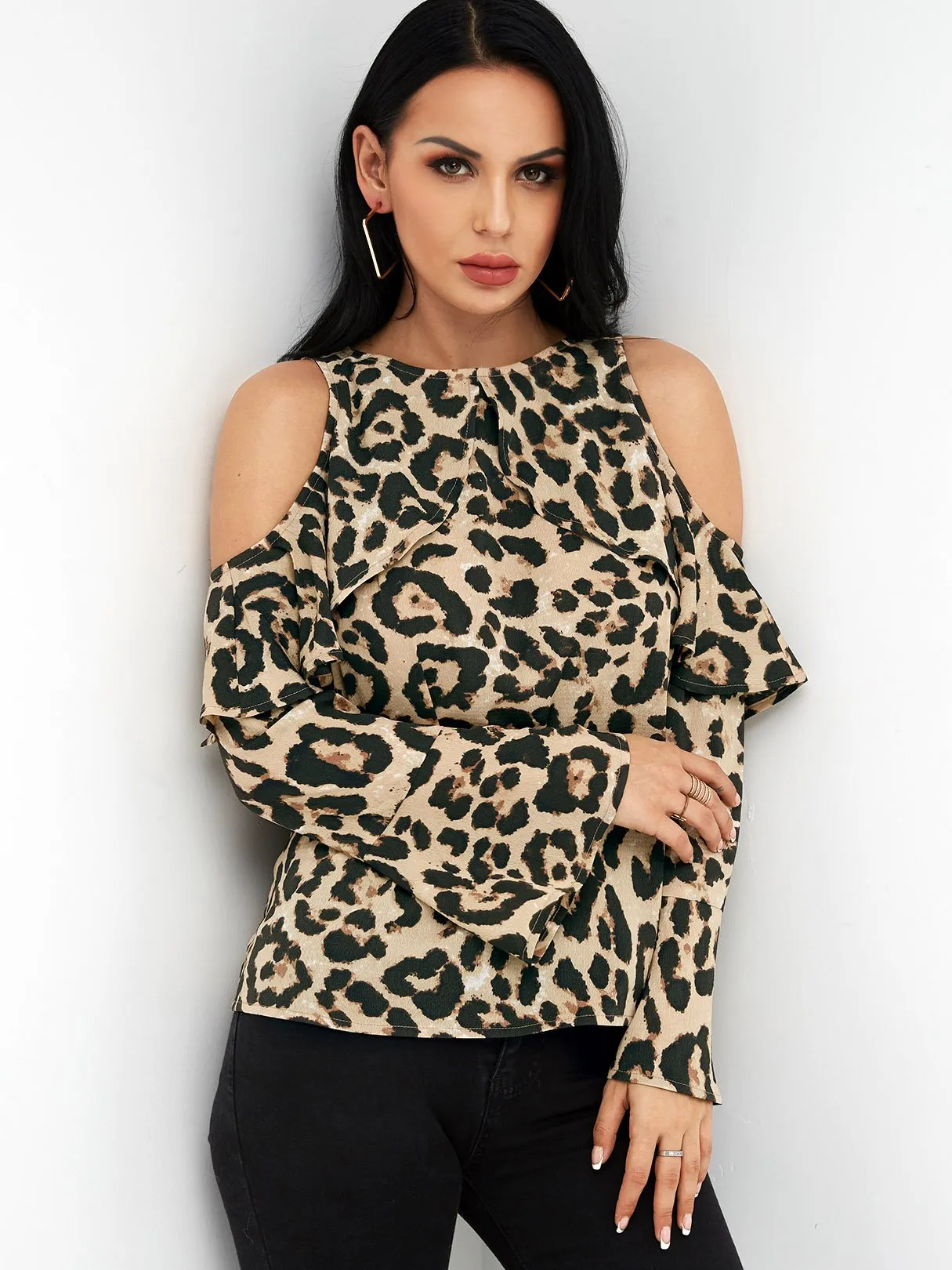 Custom Cold Shoulder Snake Long Sleeve Blouses