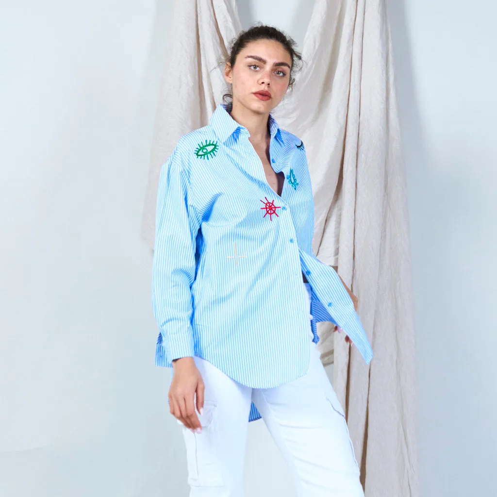 Eclectic icon-embroidered striped shirt wholesale