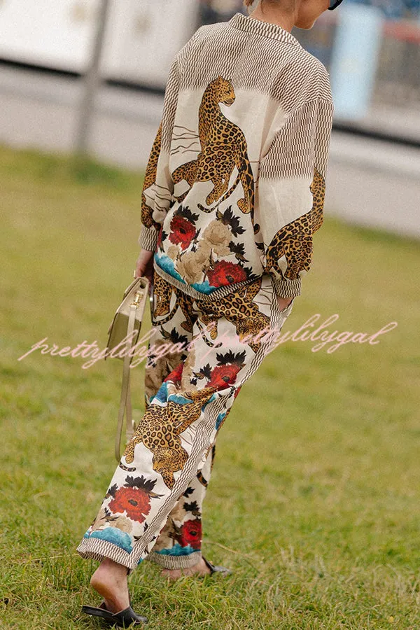 Exotic Leopard Flower Patchwork Print Button Down Oversized Blouse
