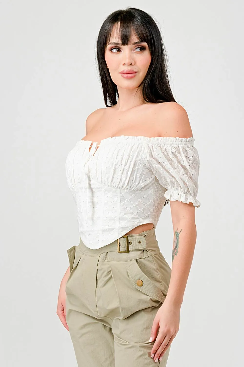 EYELET WOVEN RUFFLED OFF SHOULDER CROPPED TOP
