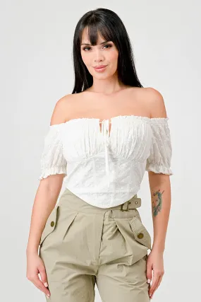 EYELET WOVEN RUFFLED OFF SHOULDER CROPPED TOP