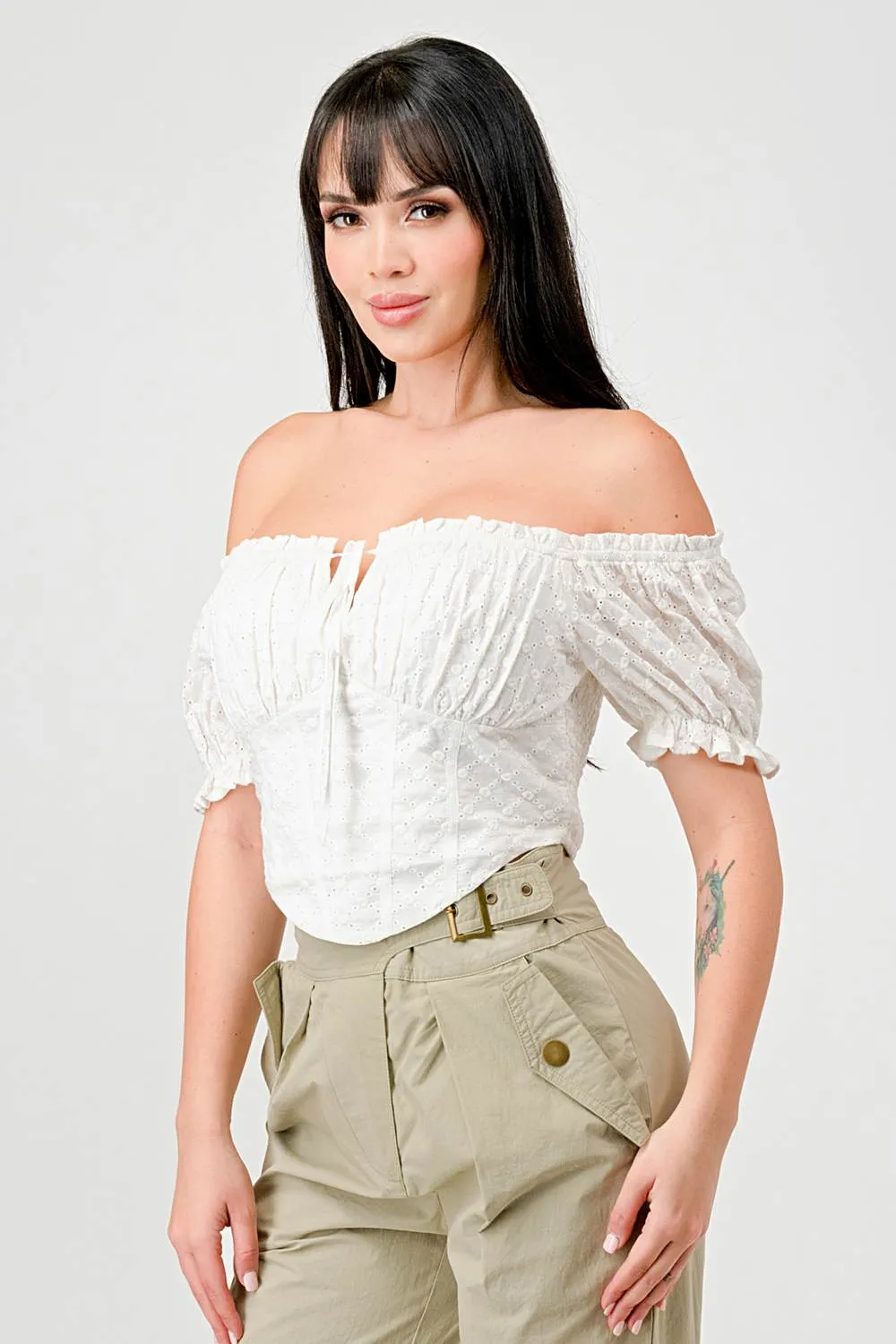 EYELET WOVEN RUFFLED OFF SHOULDER CROPPED TOP