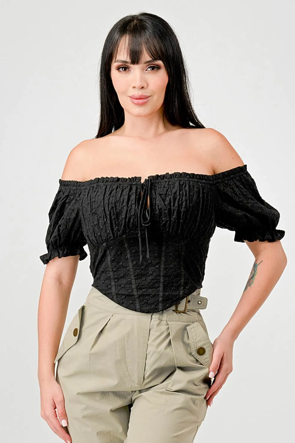 EYELET WOVEN RUFFLED OFF SHOULDER CROPPED TOP