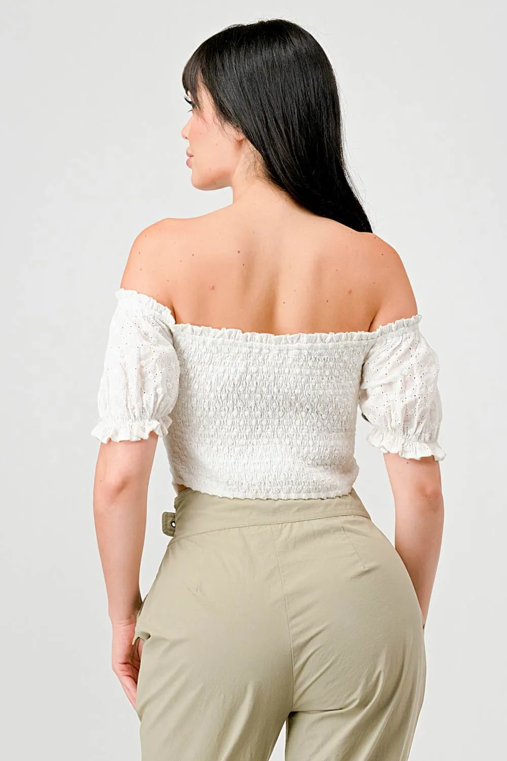 EYELET WOVEN RUFFLED OFF SHOULDER CROPPED TOP