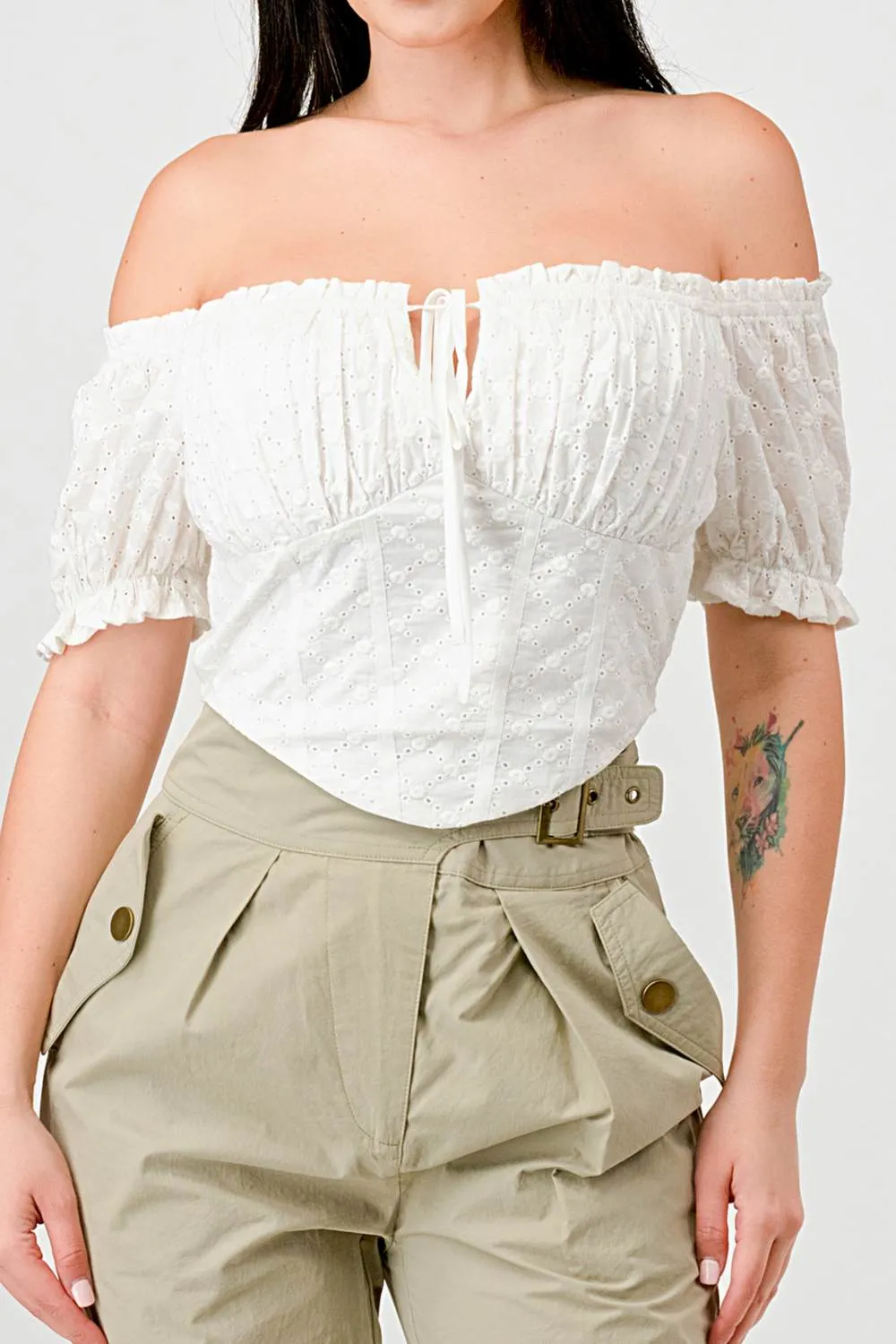 EYELET WOVEN RUFFLED OFF SHOULDER CROPPED TOP