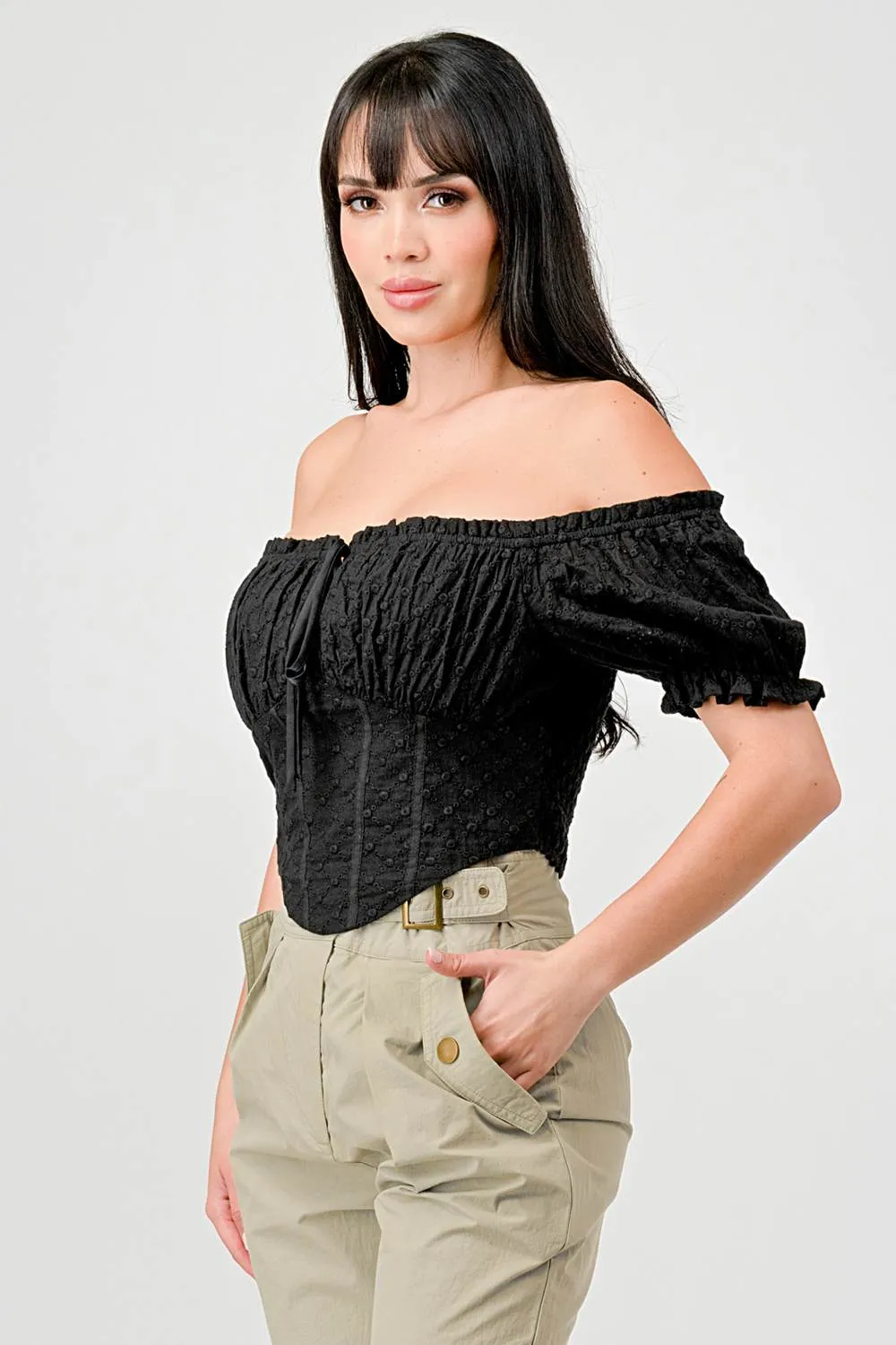 EYELET WOVEN RUFFLED OFF SHOULDER CROPPED TOP