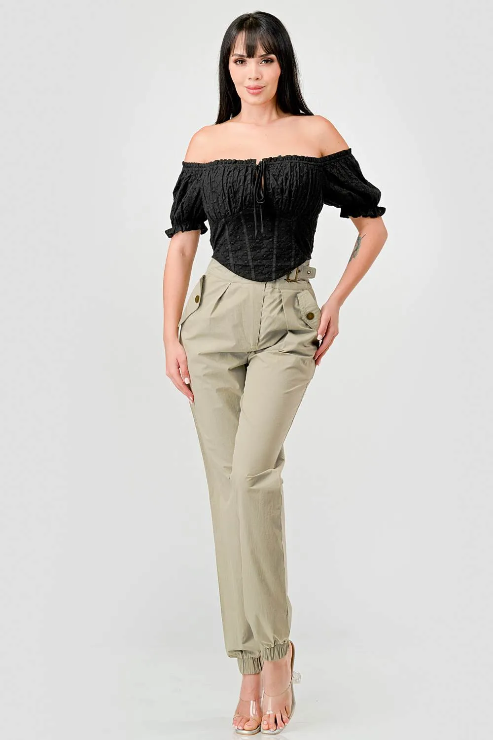 EYELET WOVEN RUFFLED OFF SHOULDER CROPPED TOP