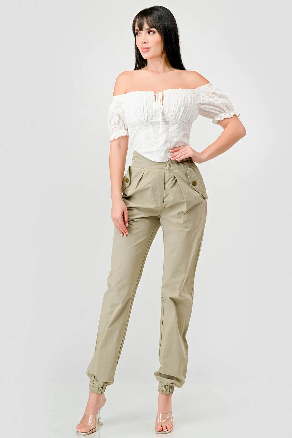 EYELET WOVEN RUFFLED OFF SHOULDER CROPPED TOP