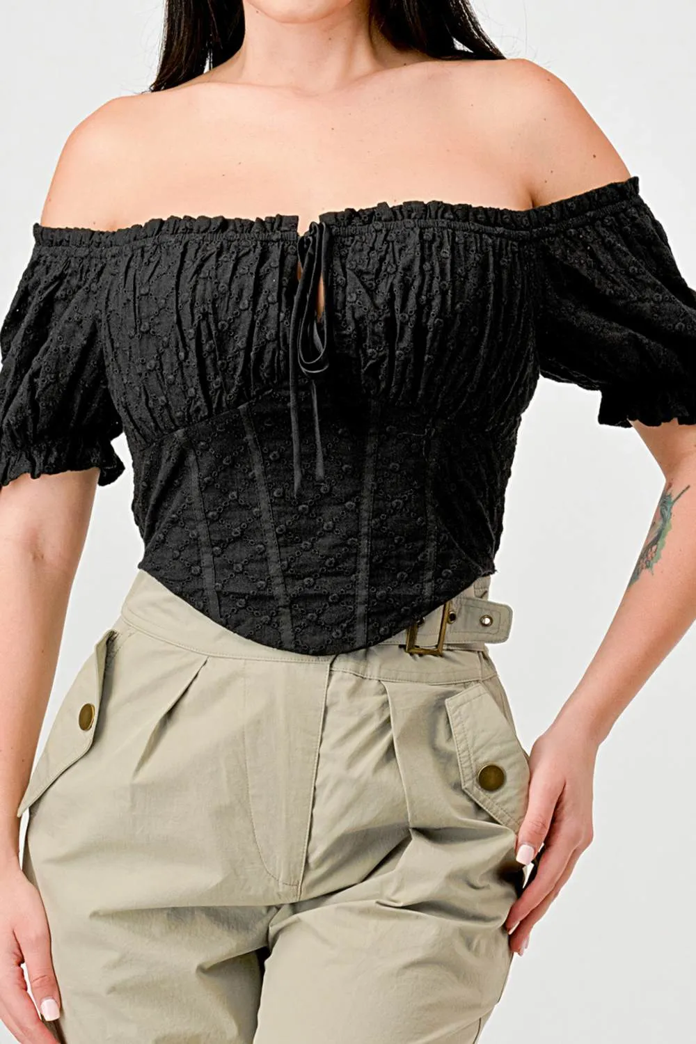EYELET WOVEN RUFFLED OFF SHOULDER CROPPED TOP