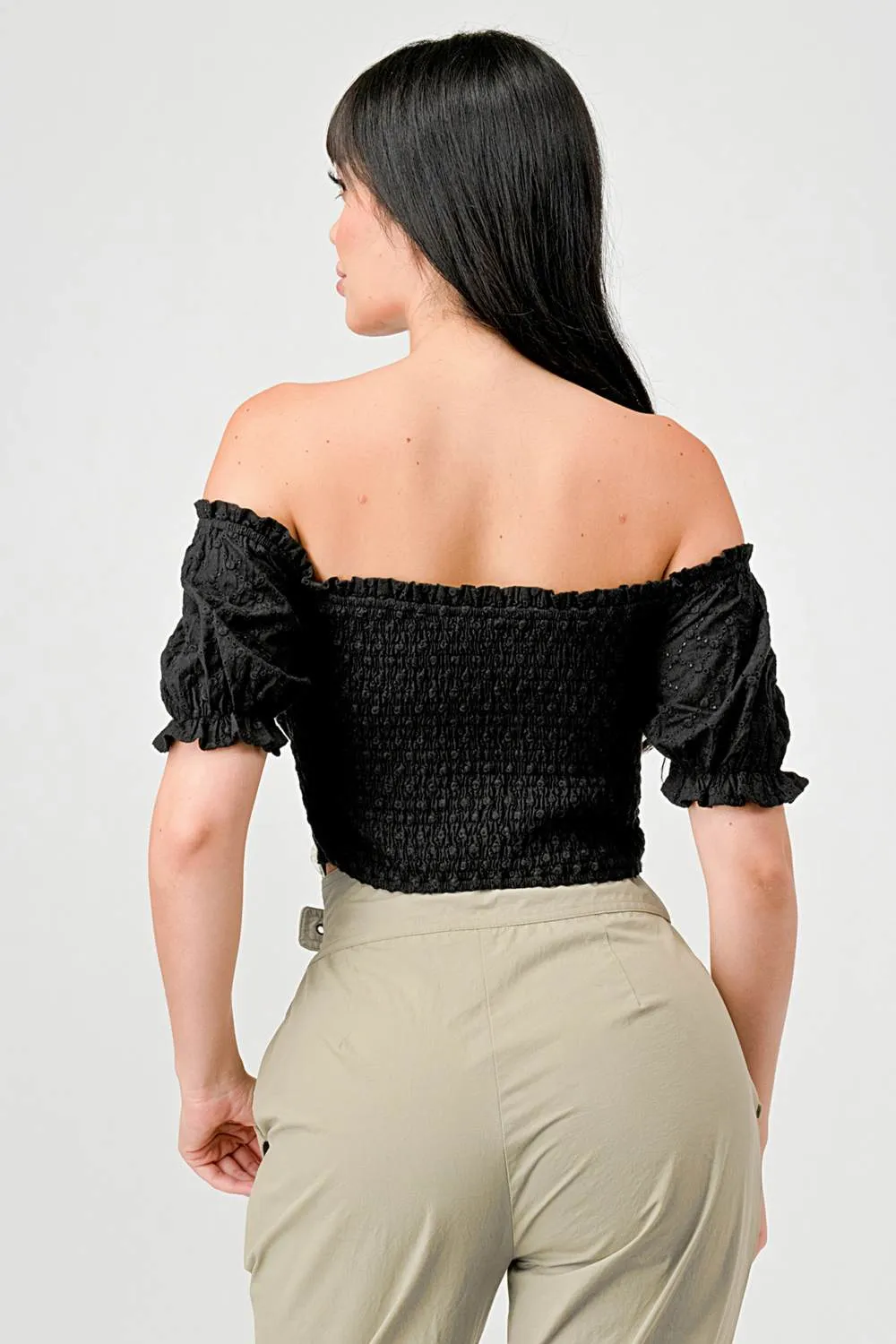 EYELET WOVEN RUFFLED OFF SHOULDER CROPPED TOP
