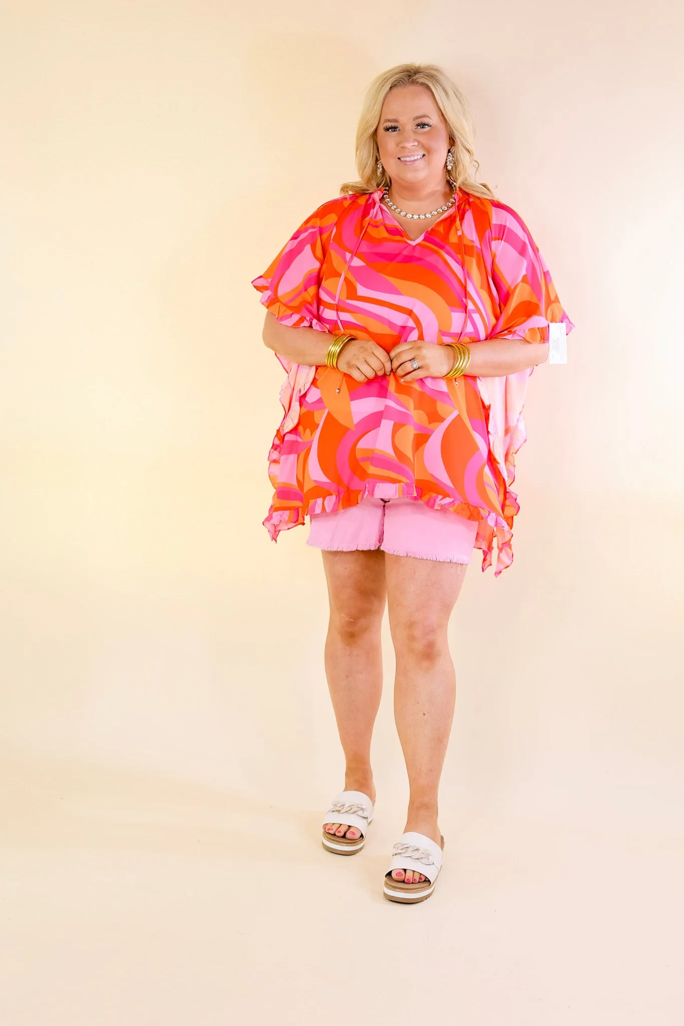 Fun and Free Flowy Top with Ruffle Trim in Orange Mix