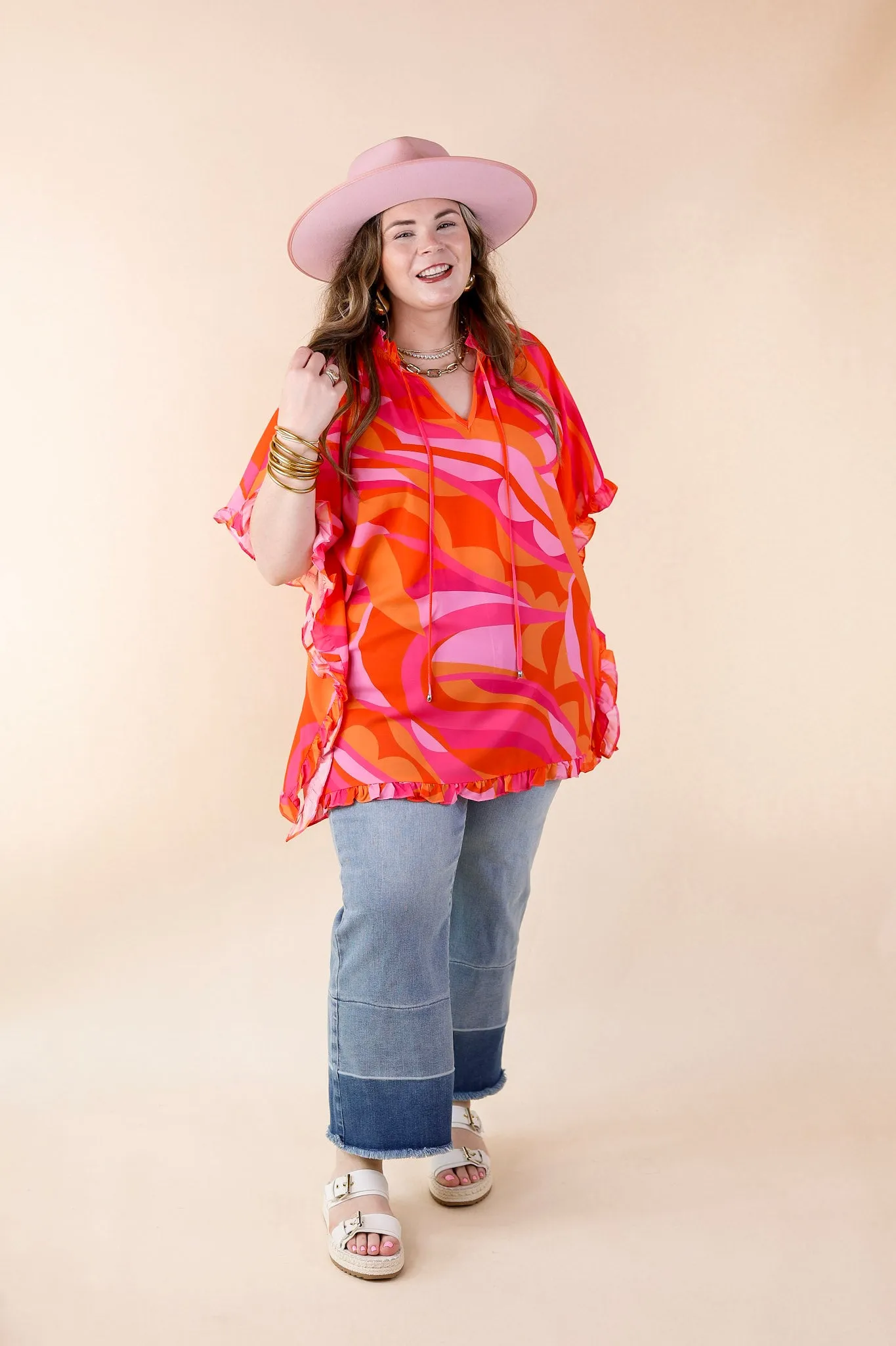 Fun and Free Flowy Top with Ruffle Trim in Orange Mix