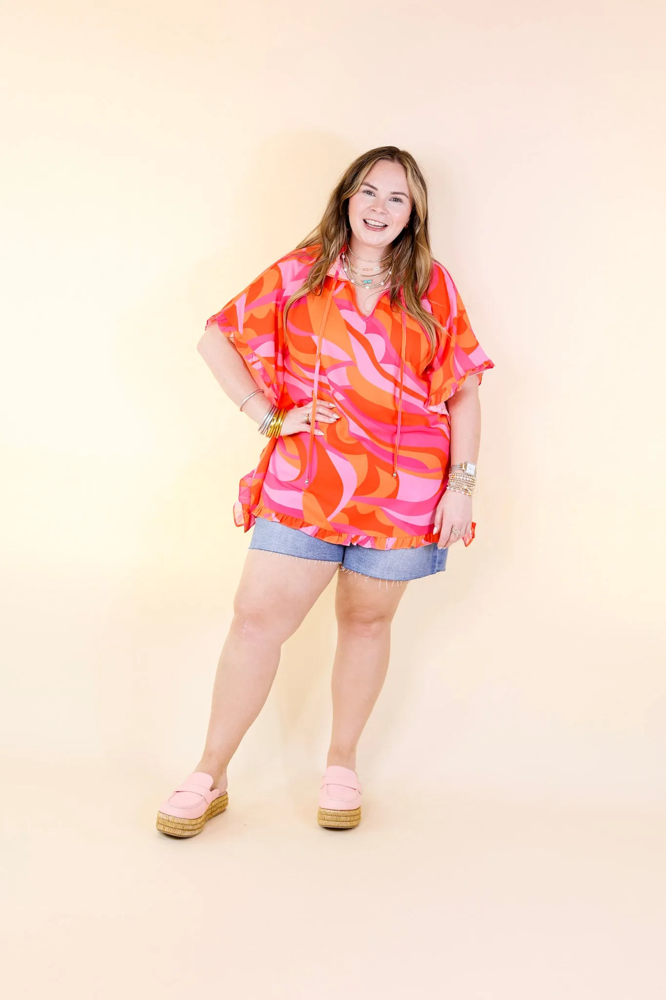 Fun and Free Flowy Top with Ruffle Trim in Orange Mix