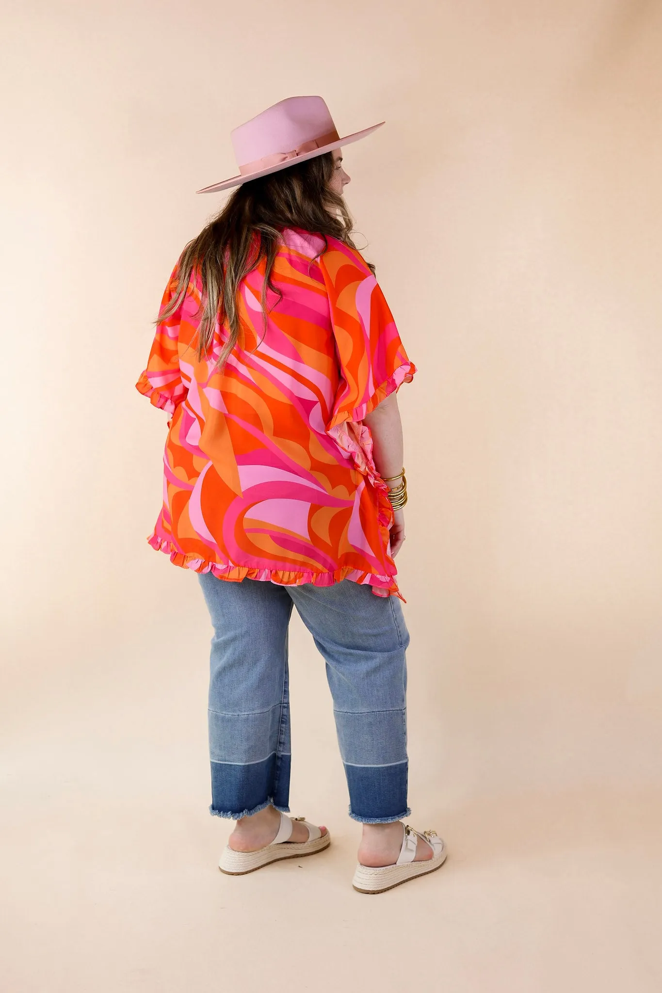 Fun and Free Flowy Top with Ruffle Trim in Orange Mix