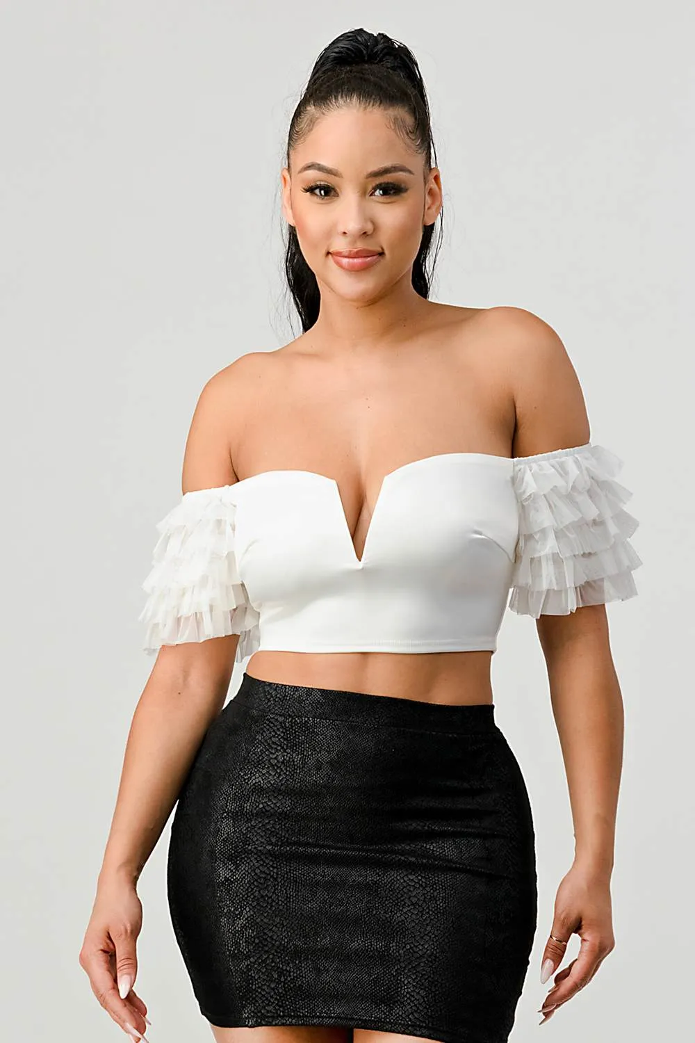 LUX STRETCH SATIN OFF SHOULDER RUFFLED CROPPED TOP