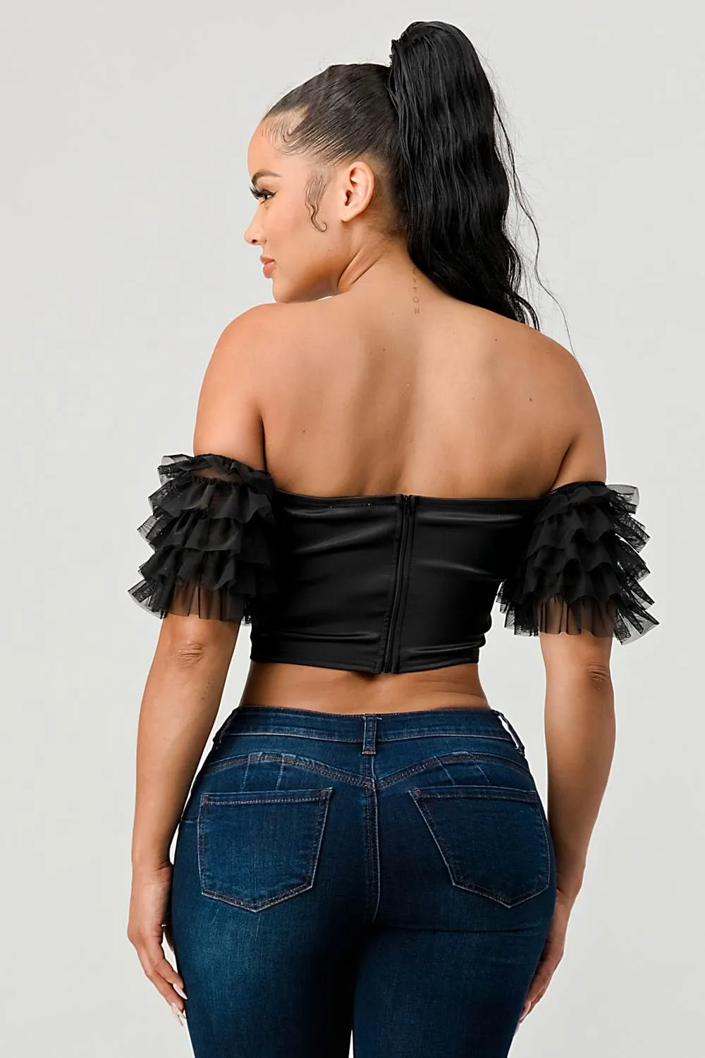 LUX STRETCH SATIN OFF SHOULDER RUFFLED CROPPED TOP