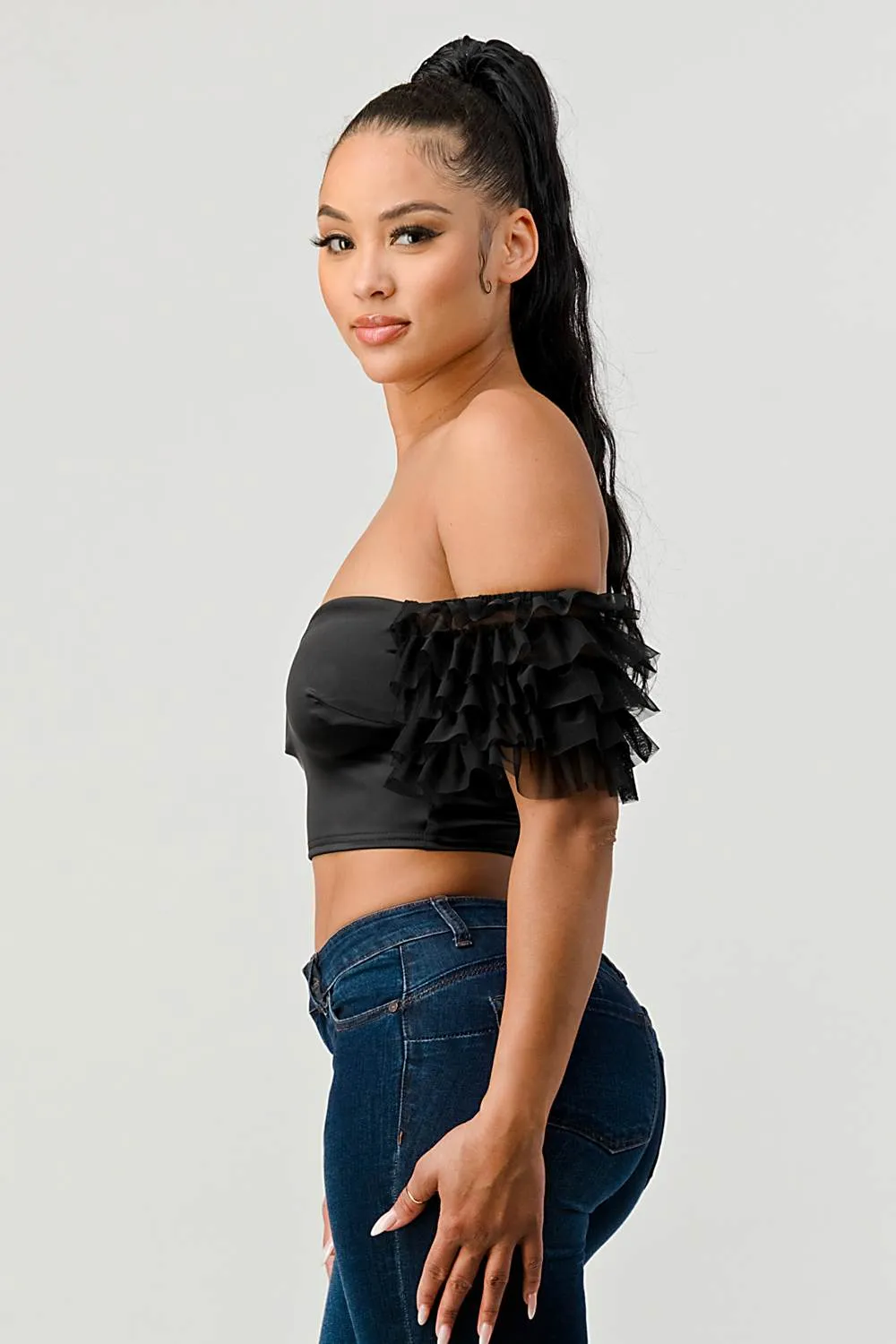 LUX STRETCH SATIN OFF SHOULDER RUFFLED CROPPED TOP