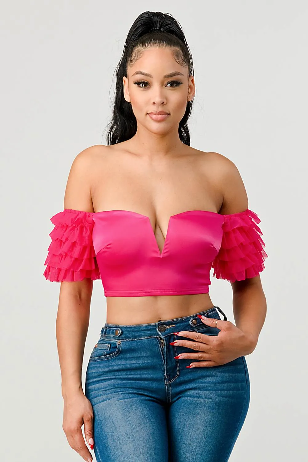 LUX STRETCH SATIN OFF SHOULDER RUFFLED CROPPED TOP