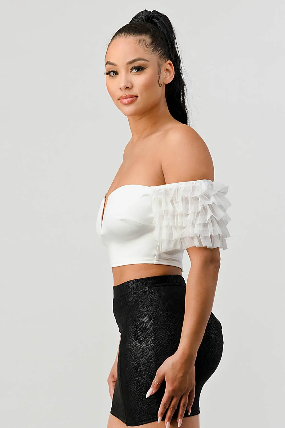 LUX STRETCH SATIN OFF SHOULDER RUFFLED CROPPED TOP