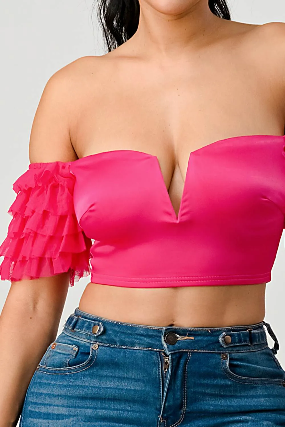 LUX STRETCH SATIN OFF SHOULDER RUFFLED CROPPED TOP
