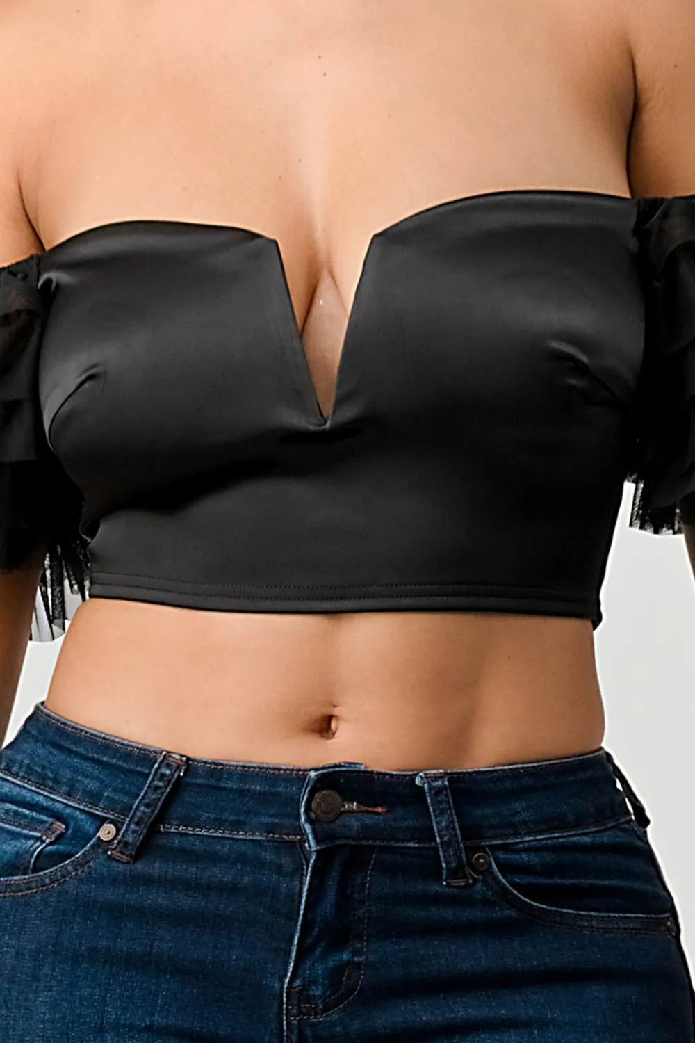 LUX STRETCH SATIN OFF SHOULDER RUFFLED CROPPED TOP