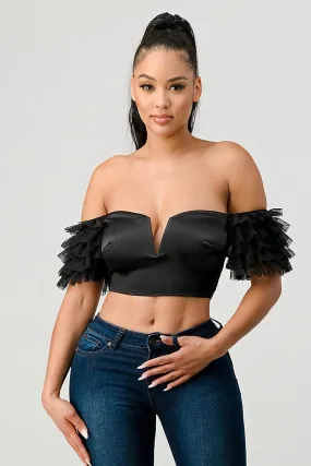 LUX STRETCH SATIN OFF SHOULDER RUFFLED CROPPED TOP