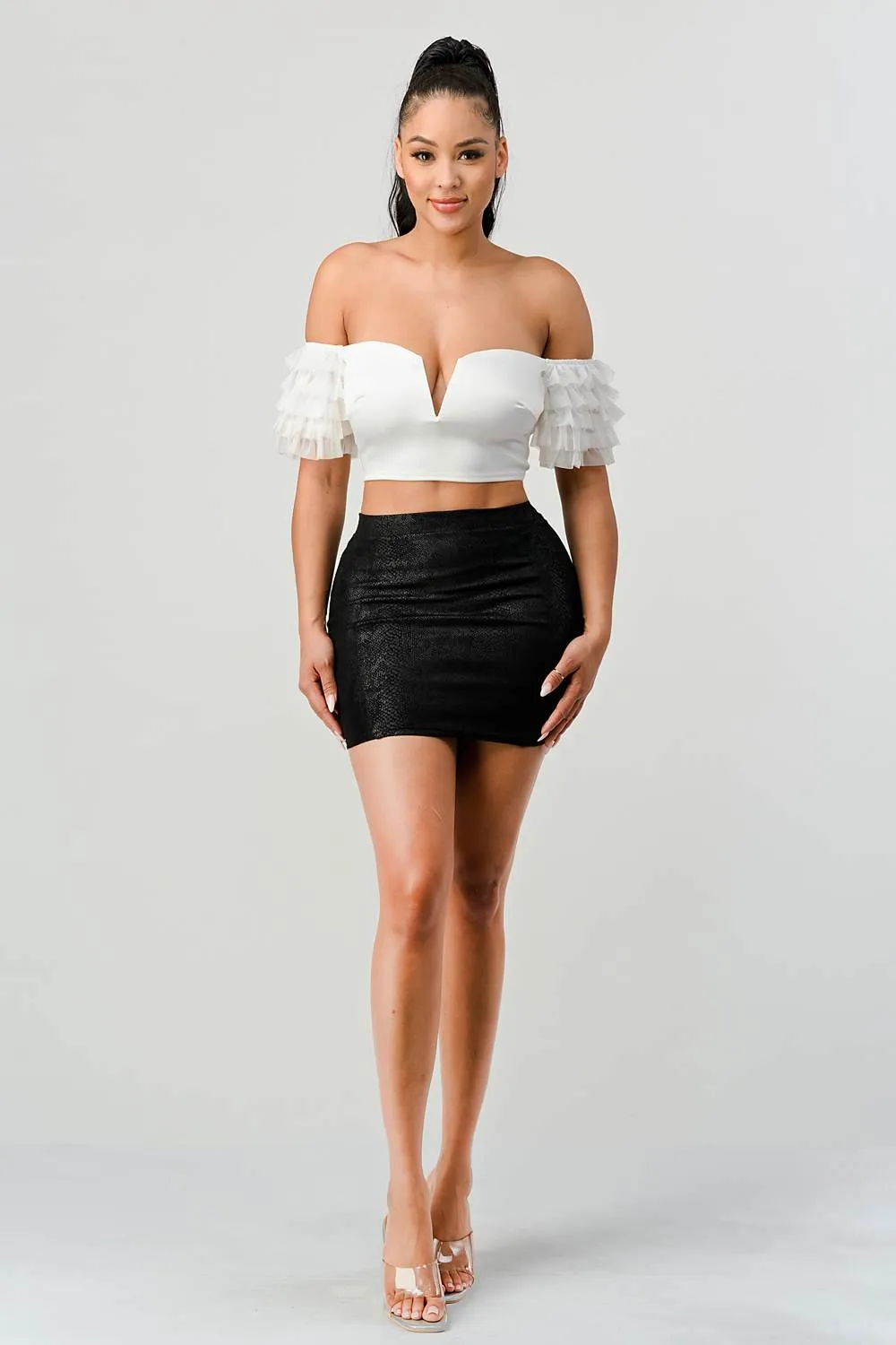 LUX STRETCH SATIN OFF SHOULDER RUFFLED CROPPED TOP