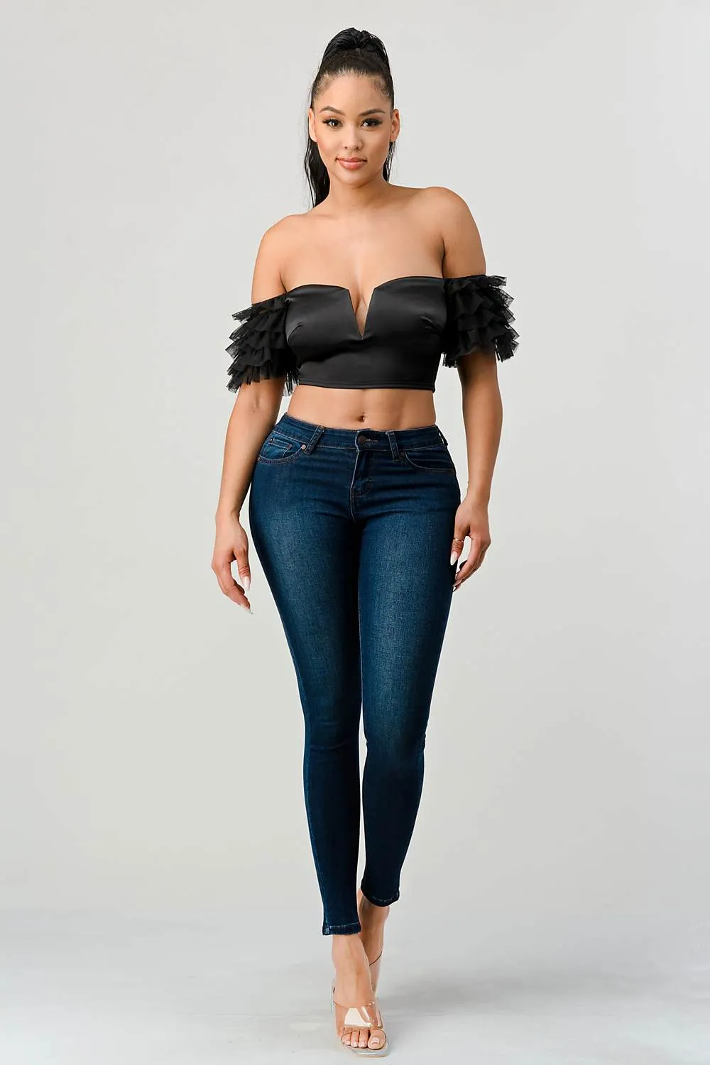 LUX STRETCH SATIN OFF SHOULDER RUFFLED CROPPED TOP