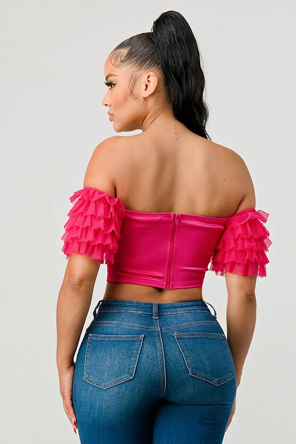 LUX STRETCH SATIN OFF SHOULDER RUFFLED CROPPED TOP