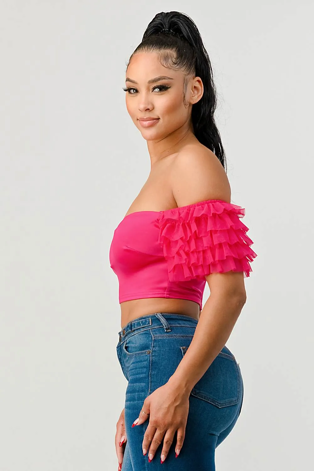 LUX STRETCH SATIN OFF SHOULDER RUFFLED CROPPED TOP