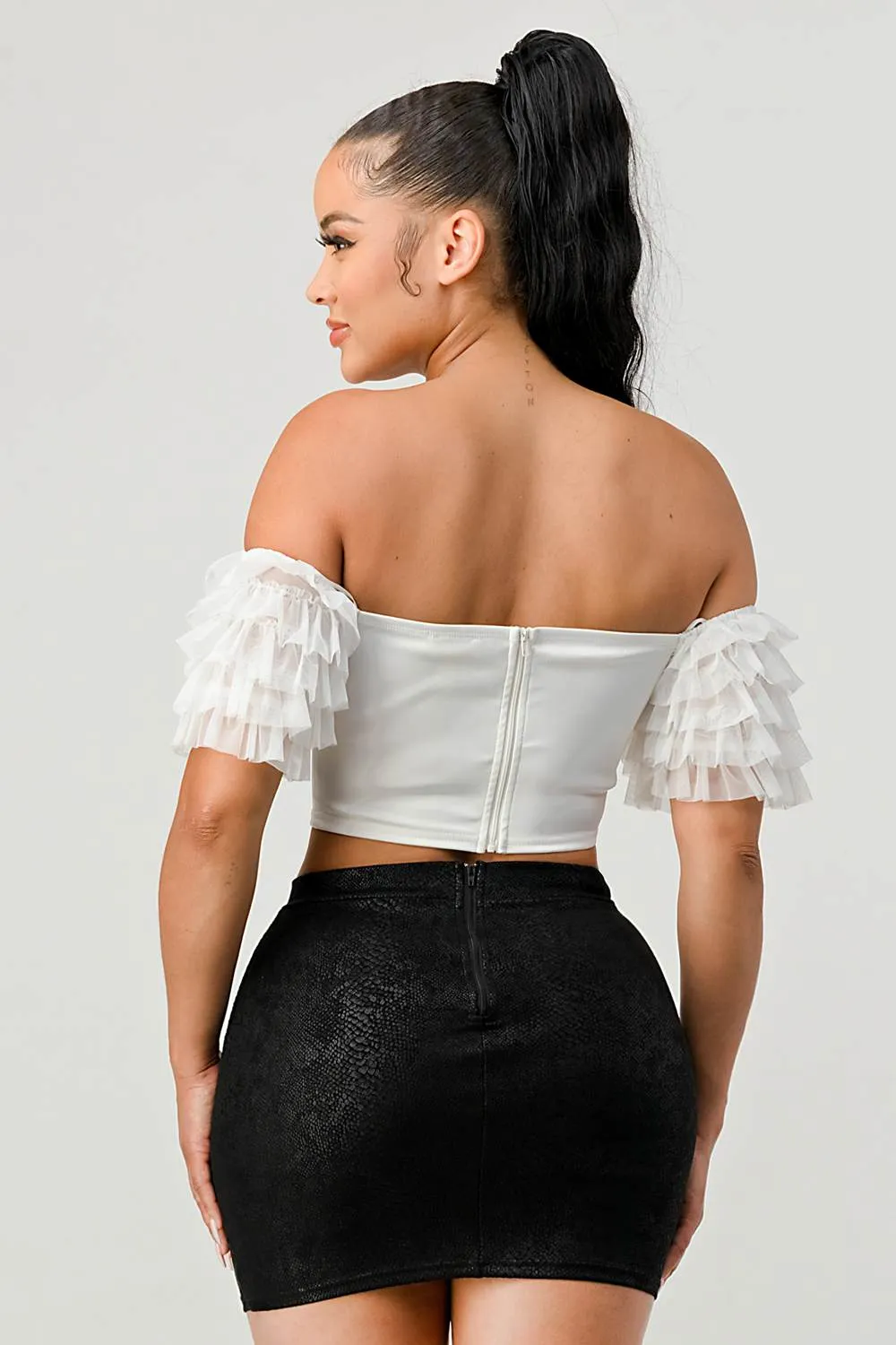 LUX STRETCH SATIN OFF SHOULDER RUFFLED CROPPED TOP