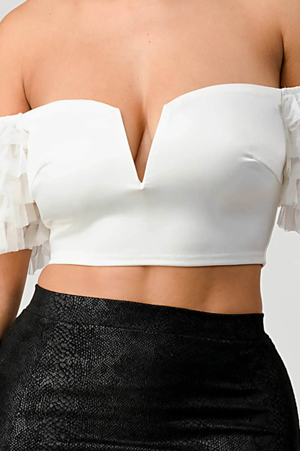LUX STRETCH SATIN OFF SHOULDER RUFFLED CROPPED TOP