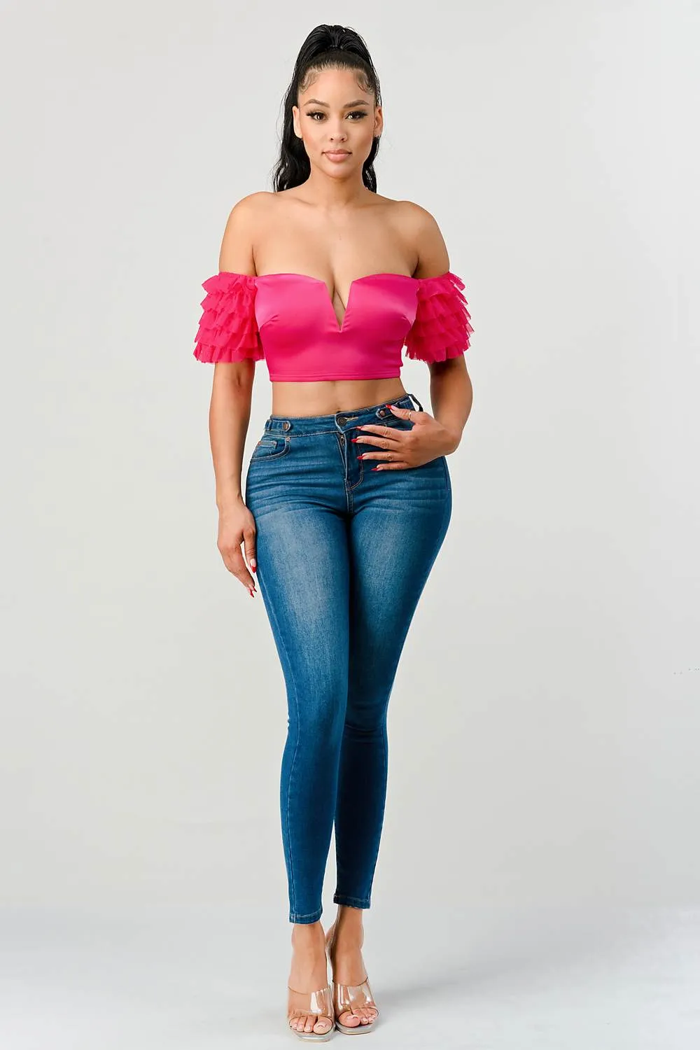LUX STRETCH SATIN OFF SHOULDER RUFFLED CROPPED TOP