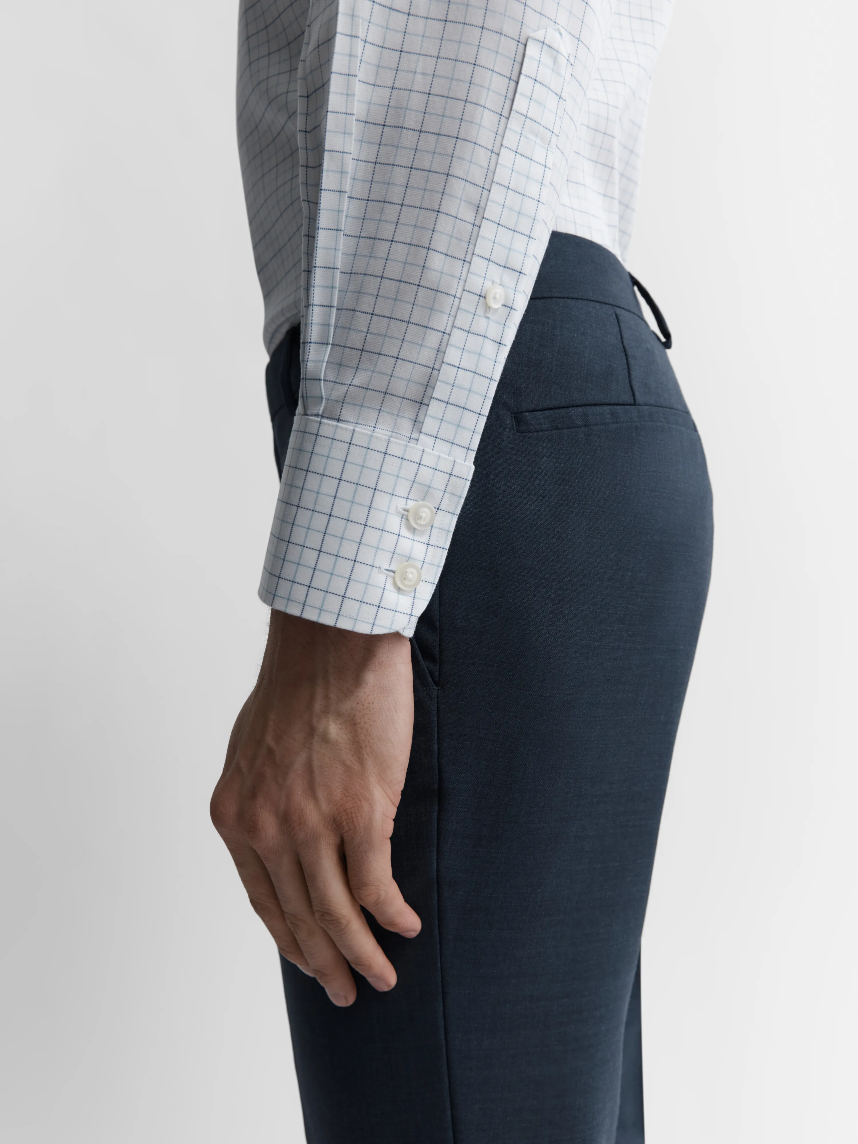 Non-Iron Navy & Blue Double Check Oxford Super Fitted Single Cuff Classic Collar Shirt