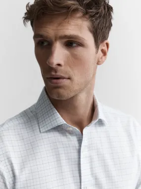 Non-Iron Navy & Blue Double Check Oxford Super Fitted Single Cuff Classic Collar Shirt
