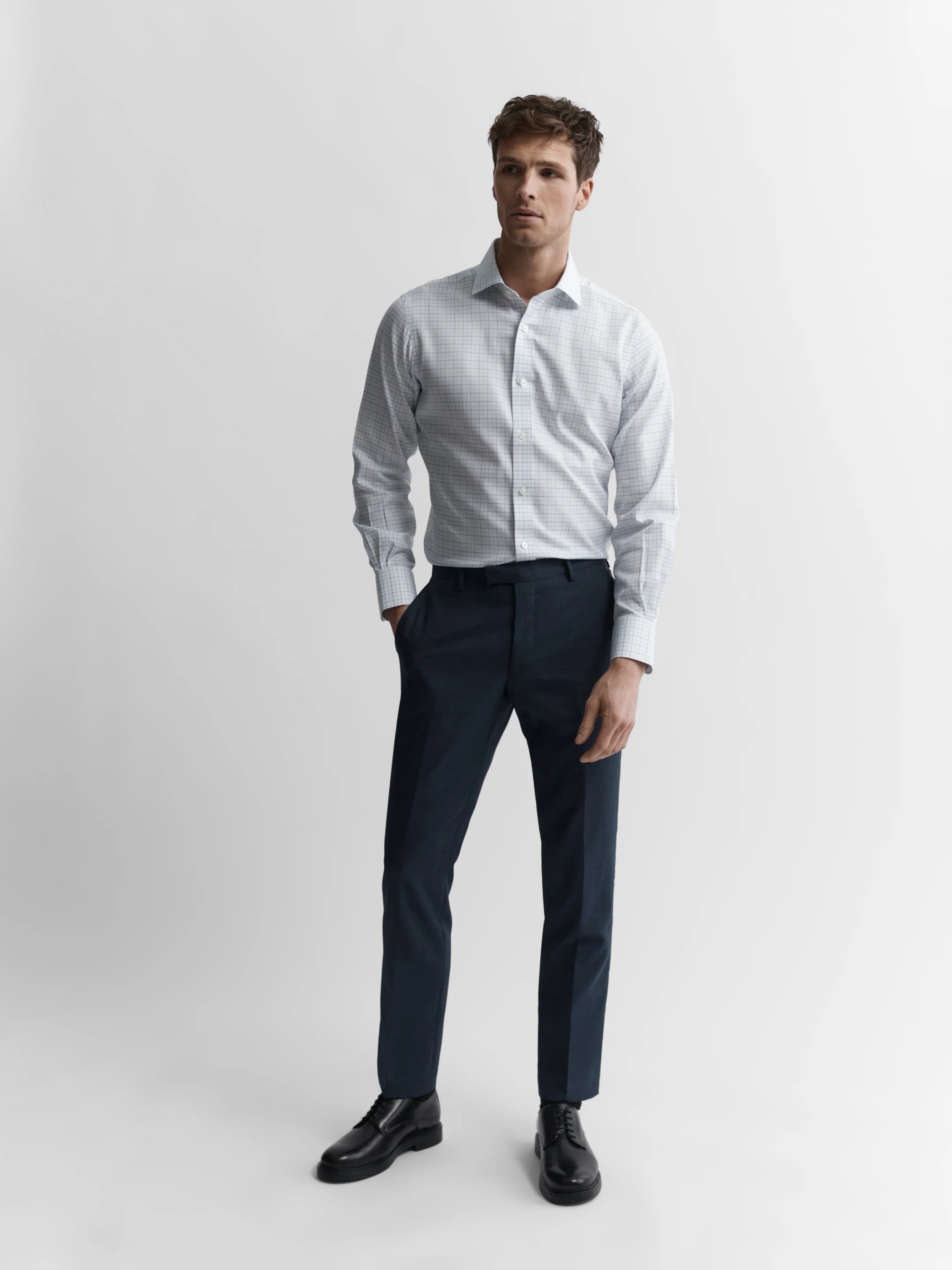 Non-Iron Navy & Blue Double Check Oxford Super Fitted Single Cuff Classic Collar Shirt