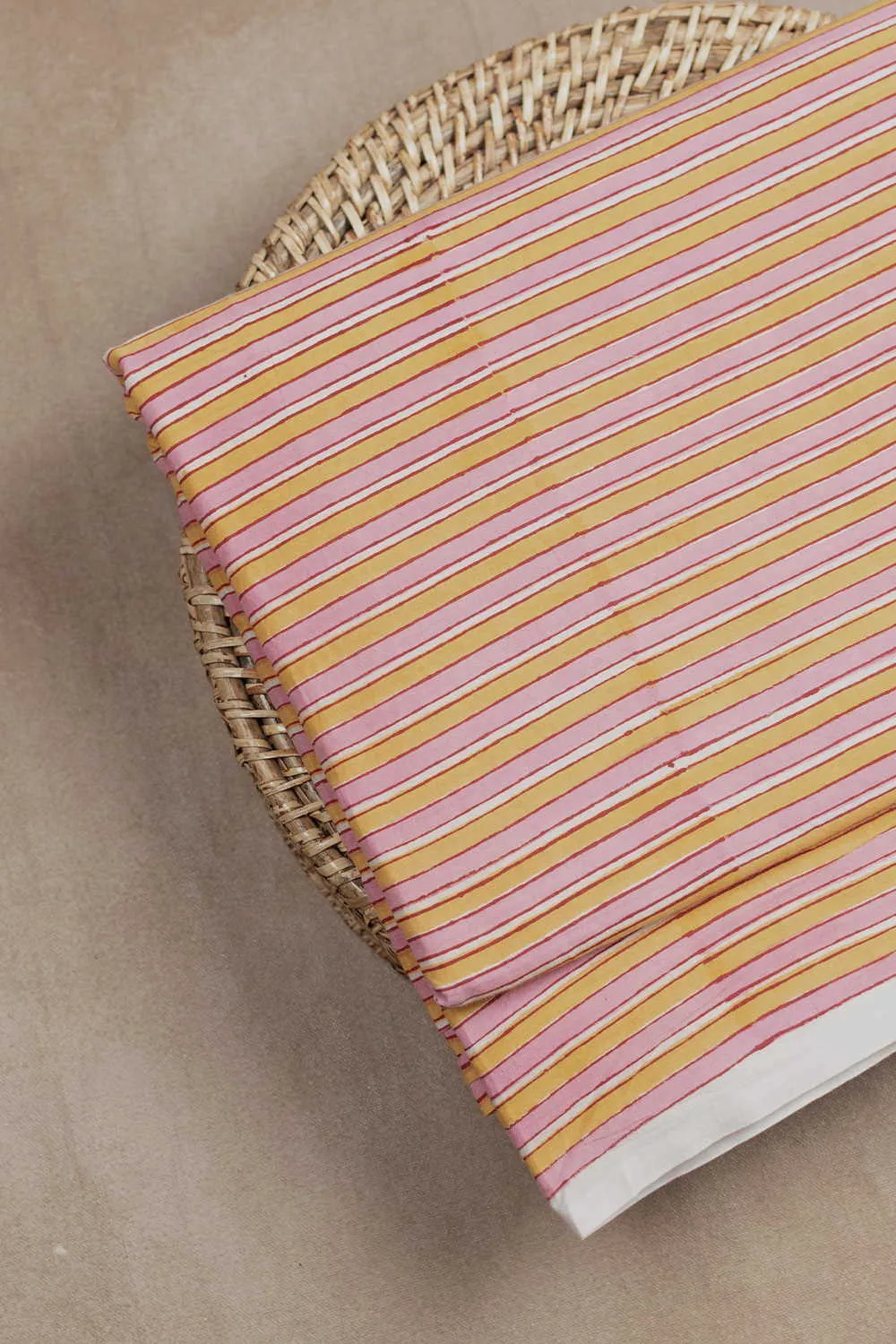 Pink & Yellow Stripe Sanganeri Cotton Fabric