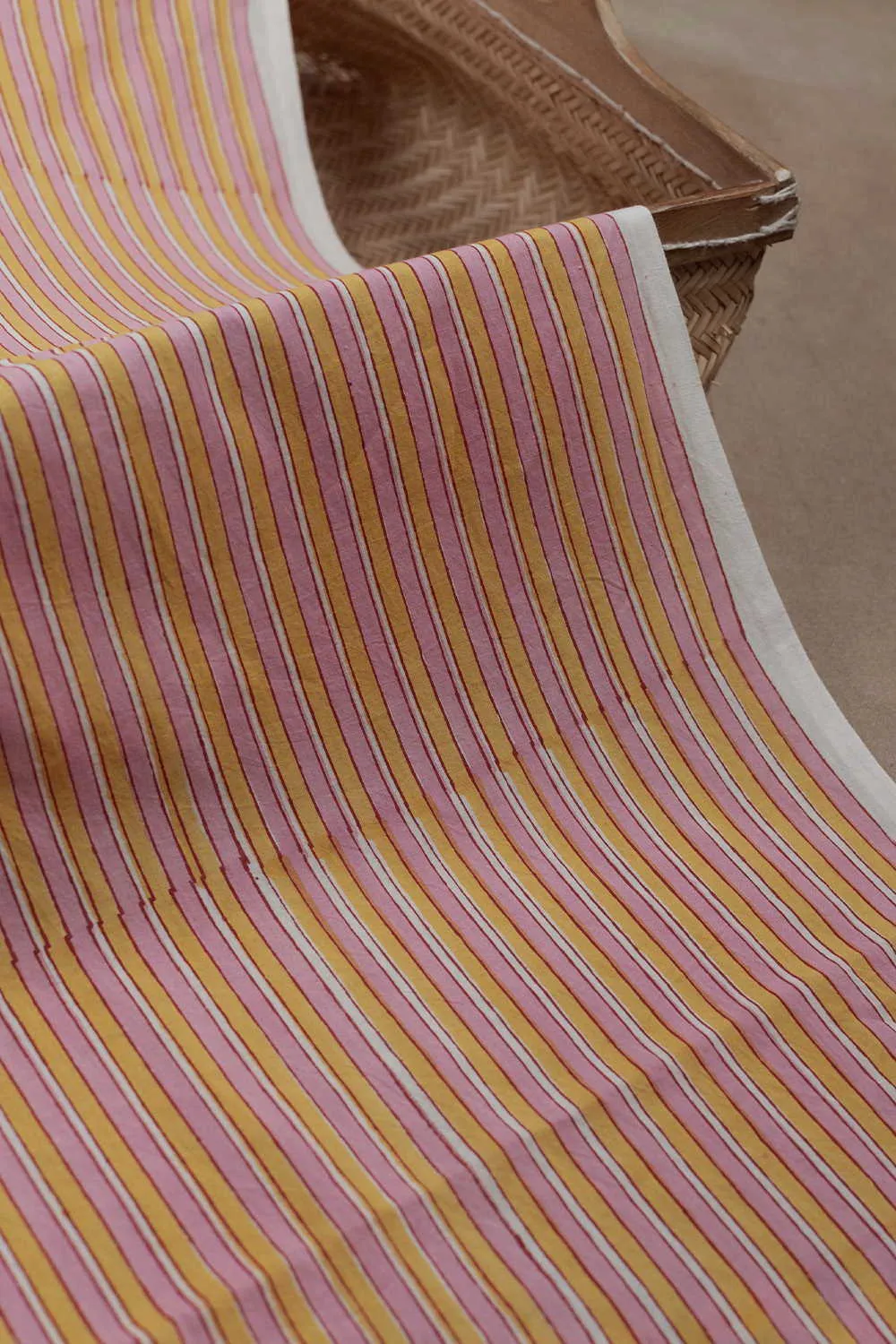 Pink & Yellow Stripe Sanganeri Cotton Fabric