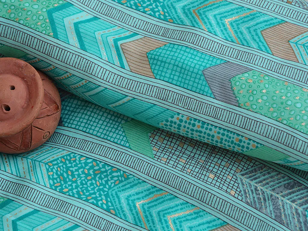 Turquoise Blue Geometric Digital Print Cotton Rayon Fabric