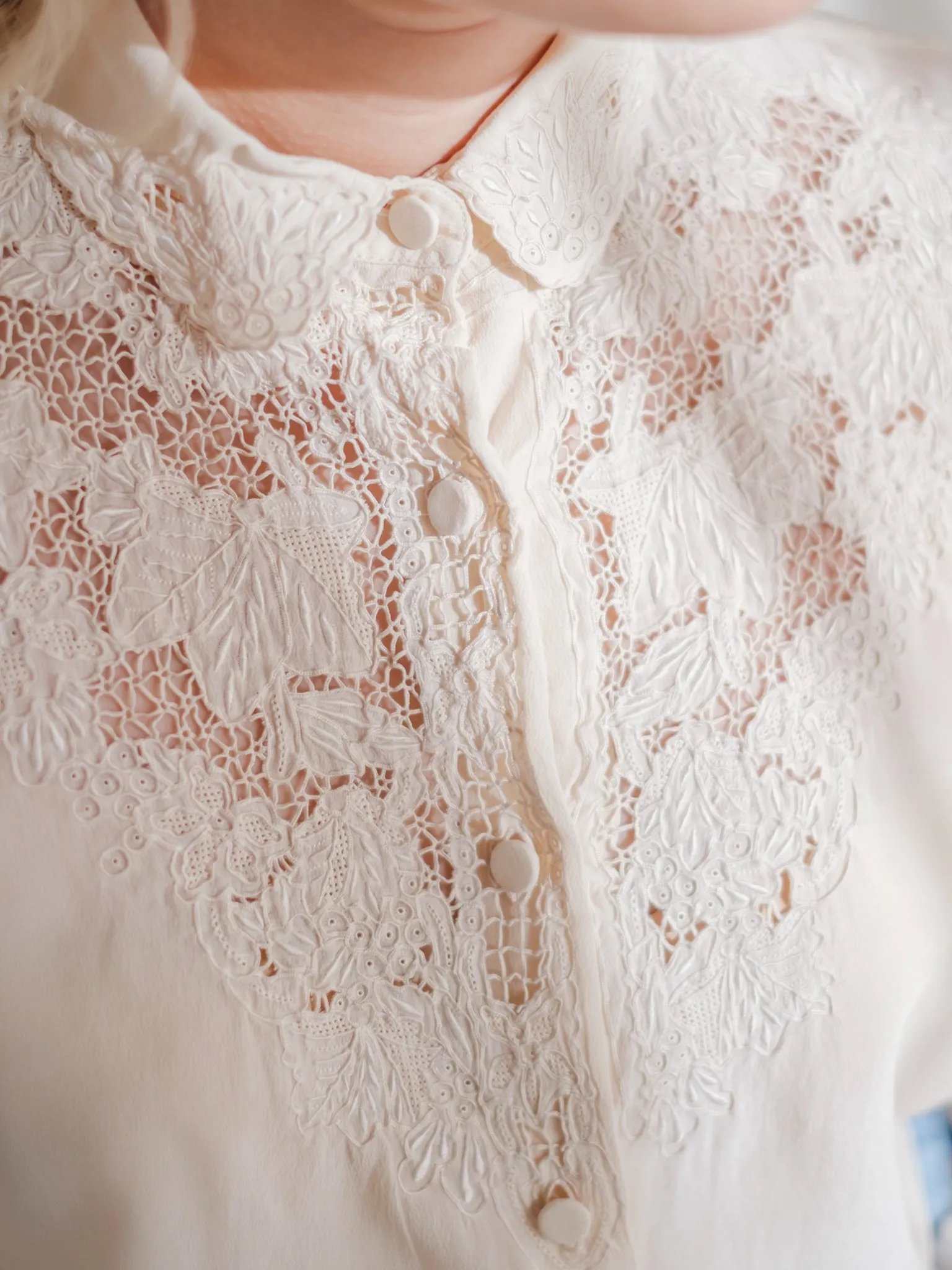 Vintage Silk Cuff Sleeve Embroidered Borders Collared Blouse